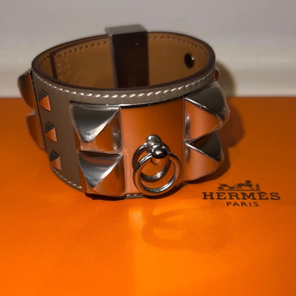 Authentic Hermes Collier de Chien CDC STUDDED Swift Etoupe Bracelet T2 - Picture 3 of 11